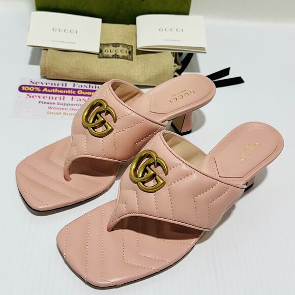 Gucci Marmont Double G 38/ US 8 Thong Pink Chevron Kitten Heel Sandals NIB - Picture 5 of 14